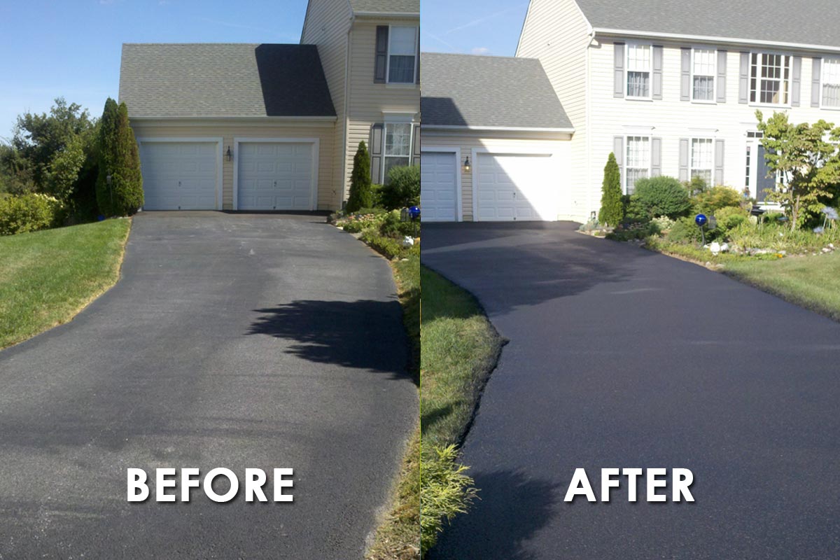 Commercial parking lot before and after asphalt overlay - dramatic transformation from worn gray to smooth black finish